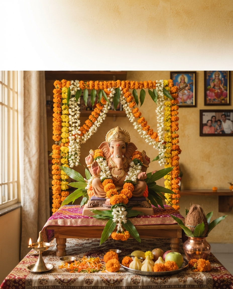 Ganesh Chaturthi Decoration Ideas 2026 - ફૂલોથી ગણપતિ બાપ્પાનું સુંદર ડેકોરેશન