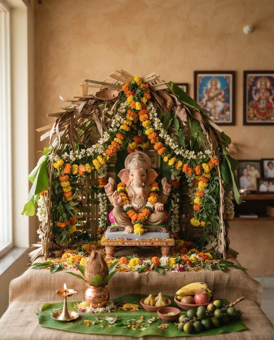 Eco Friendly Ganpati Decoration Ideas 2026 - કુદરતી વસ્તુઓથી ગણપતિ ડેકોરેશન